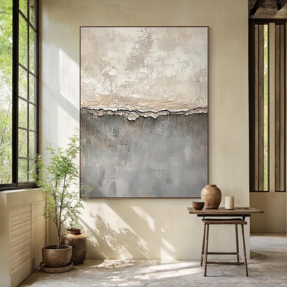 Large Neutral Textured Abstract Painting – Cream Beige and Fog Grey ...