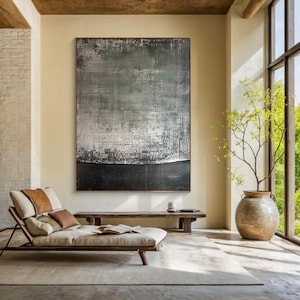 Large grey canvas abstract oil painting, black minimalist wabi-sabi wall painting art, modern living room decoration painting