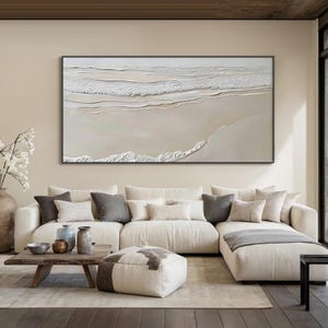 Grand art mural abstrait océan beige texturé, peinture originale sur toile de plage, décoration de salon moderne, art mural wabi-sabi