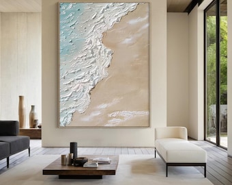 Gran arte abstracto blanco, pintura al óleo de océano azul, pintura hecha a mano sobre lienzo de playa beige, decoración moderna de sala de estar natural