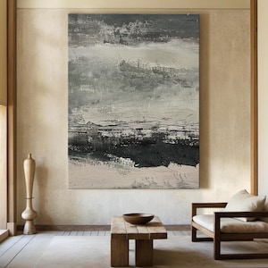 Gran lienzo abstracto negro, arte de pared con textura gris, arte de pared wabi-sabi gris, decoración moderna para sala de estar.