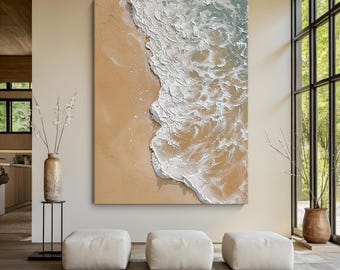 Arte mural Wabi Sabi con textura 3D y océano: lienzo minimalista con textura de arena, obra de arte playero para la decoración moderna de la sala de estar.