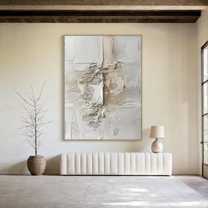 Minimalist Textured Abstract Wall Art on Canvas, Large Neutral Beige White 3D Painting, Modern Wabi Sabi Impasto Artwork for Living Room