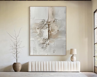 Minimalist Textured Abstract Wall Art on Canvas, Large Neutral Beige White 3D Painting, Modern Wabi Sabi Impasto Artwork for Living Room
