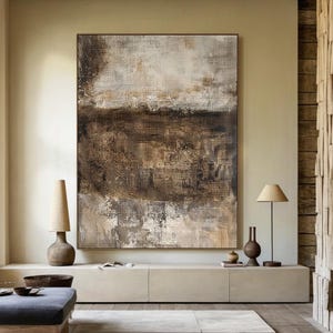 Grande peinture à l'huile sur toile abstraite beige, peinture murale wabi-sabi marron, art abstrait beige, peinture de décoration de salon moderne