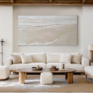 Large abstract textured beige ocean wall art, original beach canvas handmade painting, modern living room decor, wabi-sabi wall art