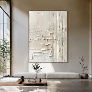 Large Beige Wabi Sabi Textured Neutral Wall Art – Beige Minimalist Plaster Relief Painting, Modern Living Room Decor