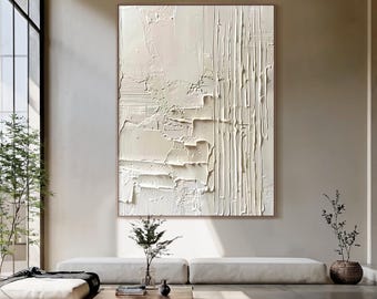 Large Beige Wabi Sabi Textured Neutral Wall Art – Beige Minimalist Plaster Relief Painting, Modern Living Room Decor
