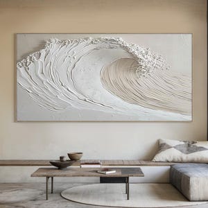 Large abstract textured beige ocean wall art, white ocean waves handmade painting on canvas, modern natural living room decor