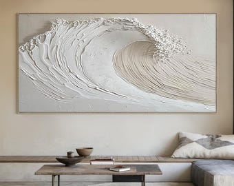 ホワイトオーシャンウォールアート、ベージュの海の波の油絵キャンバス、手作りのモダンでナチュラルなリビングルーム装飾