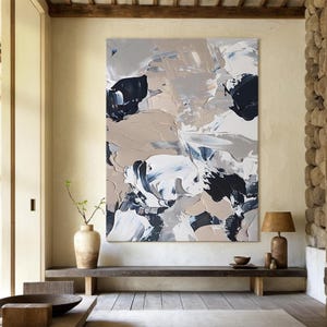 Large brown abstract canvas painting, white textured wall art, black abstract wall painting, modern living room decoration painting