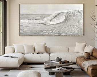 Gran cuadro abstracto de pared en tonos oceánicos blanquecinos, pintura al óleo texturizada de olas marinas blancas hecha a mano sobre lienzo, pieza central de arte natural moderno.