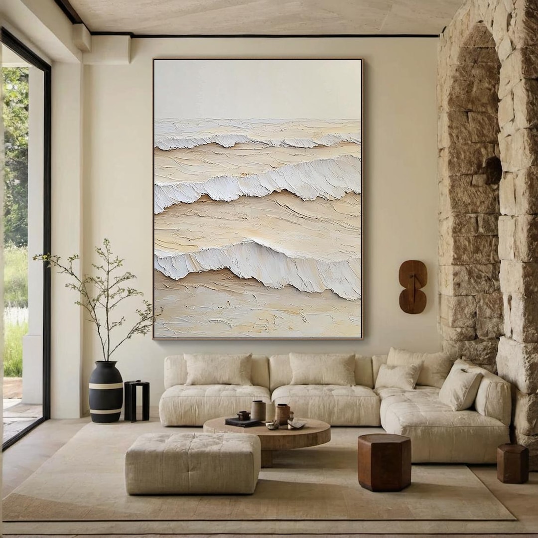 Minimalist 3D Wave Wall Art - Beige Textured Oil Painting - Wabi-sabi ...