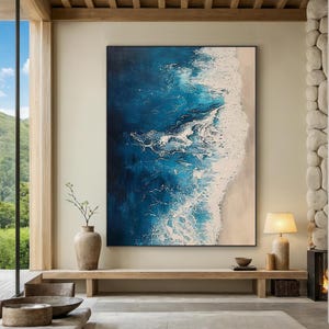 Vague bleue de l'océan plage peinture sur toile texture 3D peinture sereine toile art choix art minimaliste salon art contemporain