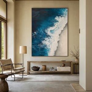Vagues bleues de l'océan, peinture sur toile. Peinture texturée 3D. Peinture faite main de nature moderne. Art de salon minimaliste. Art contemporain