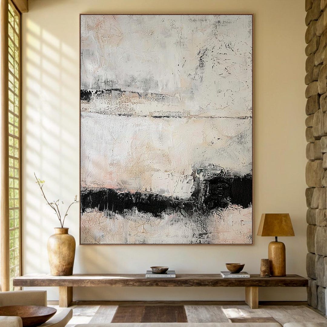 Large Beige Abstract Oil Painting on Canvas, Black Wabi-sabi Wall ...