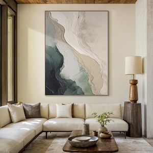 Texture abstraite verte, art mural océan gris, peinture originale faite main sur toile de plage beige, art mural wabi-sabi grand salon
