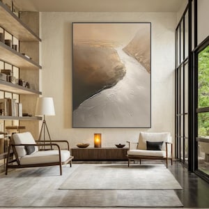 Abstract oil painting on beige canvas, brown minimalist wabi-sabi wall art, grey abstract art, modern living room decor