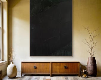 Black Textured Wall Art Wabi-Sabi Abstract Painting, Minimalist Plaster Artwork for Home & Office Decor