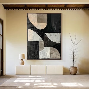 Black and White Textured Canvas Painting ,Modern Abstract Geometric Wall Art,3D Impasto Artwork for Living Room ,Minimalist Office Decor