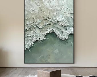 May include: Abstract painting with a textured, layered look. The top half of the painting is white with hints of gray and green, while the bottom half is a solid green. The painting has a modern and minimalist style.