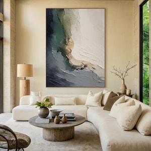 Art mural abstrait 3D gris océan, toile de plage beige originale, peinture faite main, grand salon, art mural Wabi Sabi