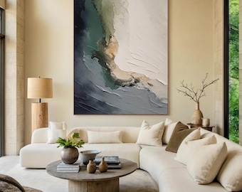 Arte de pared abstracto con textura 3D de océano gris, lienzo de playa beige original, pintura hecha a mano, arte de pared Wabi Sabi para sala de estar grande