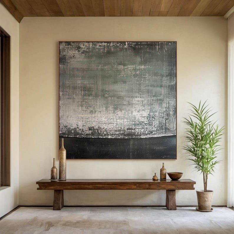 Abstraktes Ölgemälde 100x200cm - Graue Textur Mit Goldrahmen