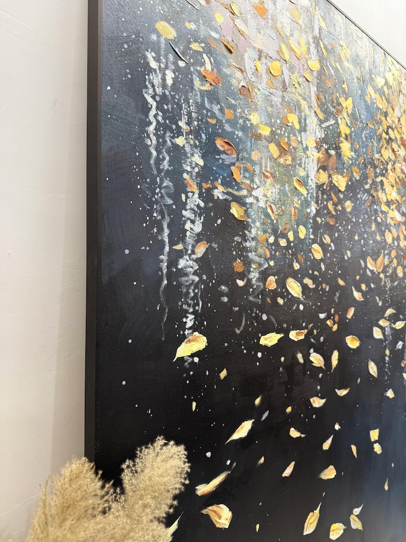 Blue & Gold Leaf Oil Painting Modern Abstract Wall Art Original Luxury ...