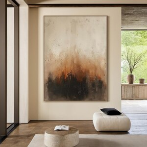 Minimalist Neutral Wall Art Textured Abstract Painting Brown Beige Black Canvas for Living Room Decor | Large Vertical Modern Artwork