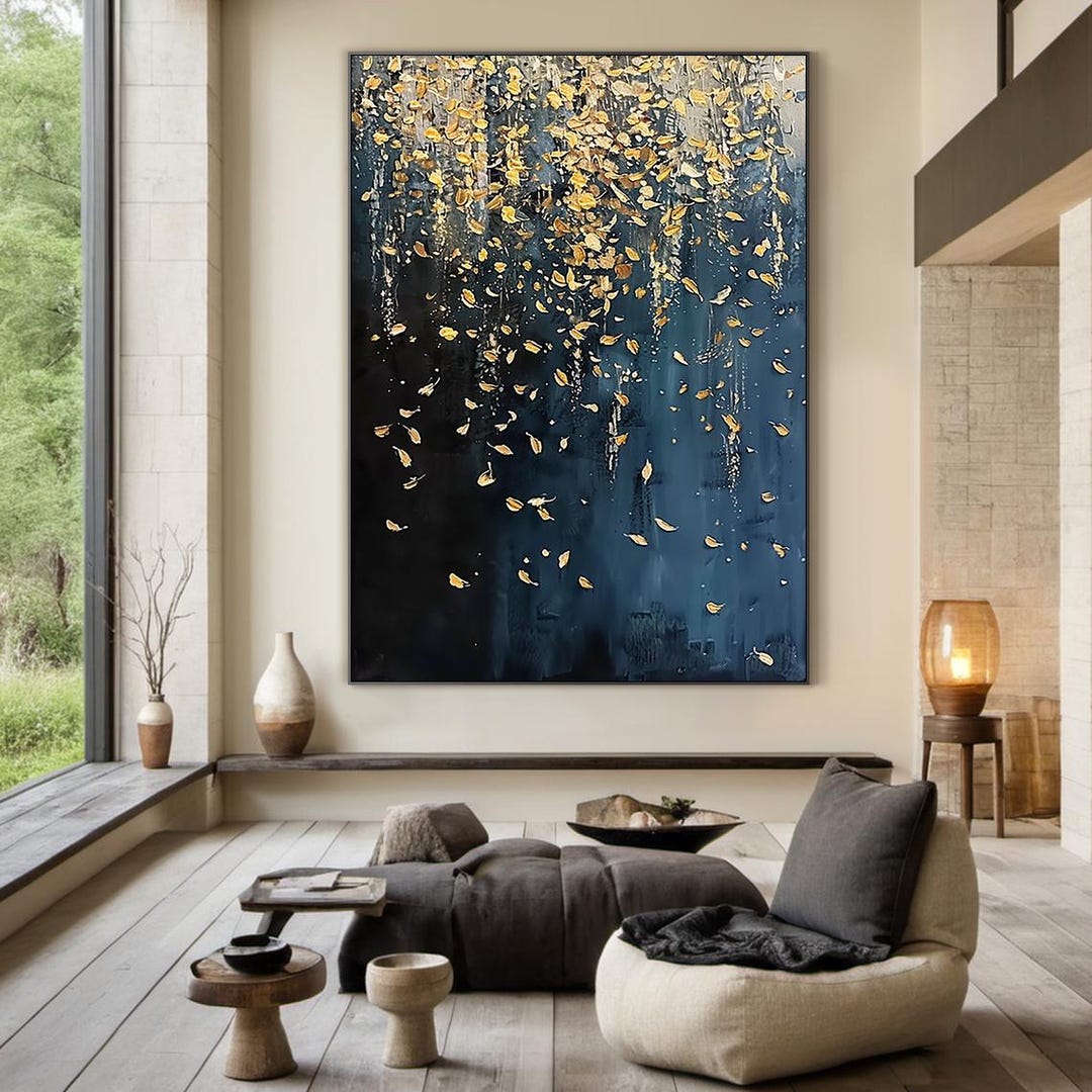 Blue & Gold Leaf Oil Painting Modern Abstract Wall Art Original Luxury ...