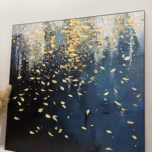 Blue & Gold Leaf Oil Painting Modern Abstract Wall Art Original Luxury ...