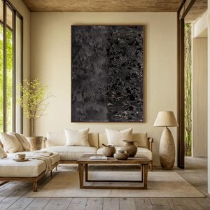 Large black abstract canvas painting, black textured wall art, black wabi-sabi wall art, modern living room decoration painting