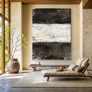 Large black minimalist canvas painting, white textured wall art, wabi-sabi wall art, modern living room decor