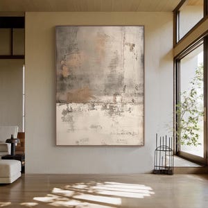 Beige neutral wall art - large textured abstract canvas painting, metallic tones, wabi-sabi minimalist living room decor art
