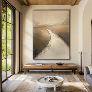 Large beige abstract oil painting, brown canvas simple wabi-sabi wall painting art, modern living room decoration painting