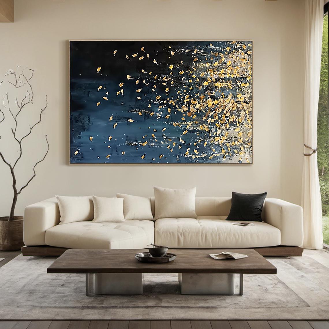 Blue & Gold Leaf Oil Painting Modern Abstract Wall Art Original Luxury ...