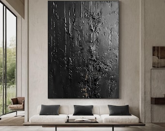 Large Black Textured Wall Art – Modern Minimalist Painting on Canvas, 3D Abstract Artwork for Living Room or Office Decor