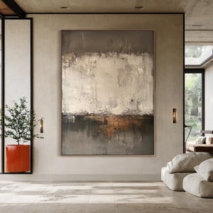Neutral Textured Wall Art – Beige Grey Abstract Painting with Bronze Accents, Modern Wabi Sabi Canvas for Living Room or Entryway Wall Decor