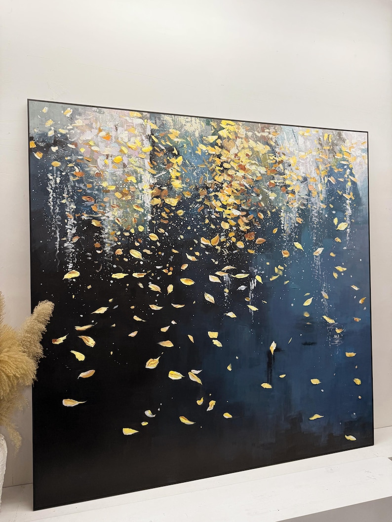 Blue & Gold Leaf Oil Painting Modern Abstract Wall Art Original Luxury ...