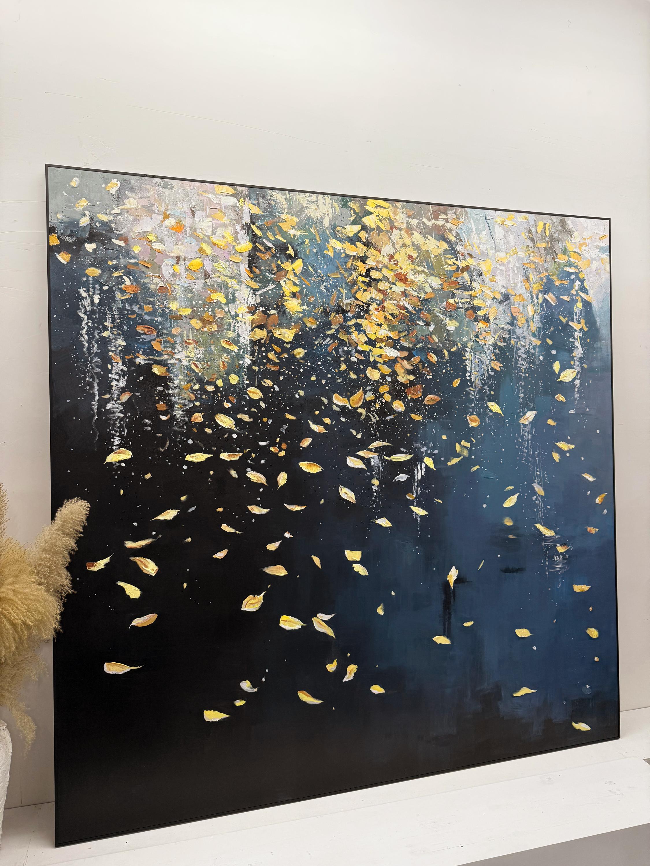 Blue & Gold Leaf Oil Painting on Canvas Modern Abstract Wall Art ...