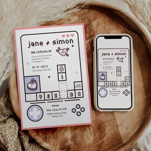 Carte d'invitation de mariage sur le thème des joueurs, modèle de faire-part de mariage modifiable sur le thème Kirby, faire-part de mariage Gamer, faire-part Kirby