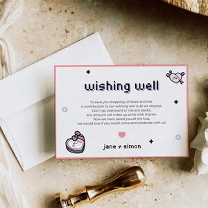 Tarjeta de deseos de boda con temática de juego Plantilla de tarjeta de deseos editable con temática de jugador Kirby Invitación de boda de jugador, invitación de Kirby para novios