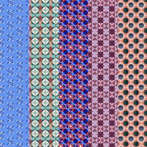 May include: Five different patterned fabric swatches. The swatches are arranged vertically from left to right. The first swatch is a light blue pattern with small geometric shapes. The second swatch is a teal and brown pattern with geometric shapes. The third swatch is a red, blue, and white pattern with geometric shapes. The fourth swatch is a purple and pink pattern with geometric shapes. The fifth swatch is a peach and green pattern with circles.