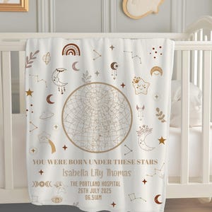 May include: A cream-colored baby blanket with a celestial design featuring moons, stars, and constellations. The blanket includes the text "YOU WERE BORN UNDER THESE STARS" and personalized details: Isabella Lily Thomas, The Portland Hospital, 26th July 2025, 06.51AM.