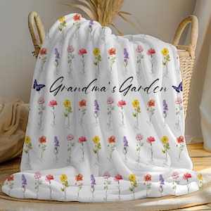 Personalized Grandma Blanket Grandma’s Garden Birth Flower Throw Gift for Grandma from Grandkids Custom Gift for Her