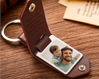 Custom Dad Keychain Gift From Daughter & Son Fathers Day Leather Photo Keychain Dad Birthday Gift Personalised Engraved Keepsake Christmas.