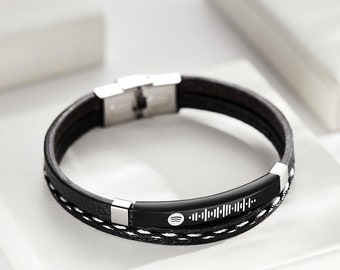 Scannable Music Code Custom Leather Bracelet For Men Gifts For Wedding Anniversary Birthday Christmas Valentine. Gift for Husband Boyfriend