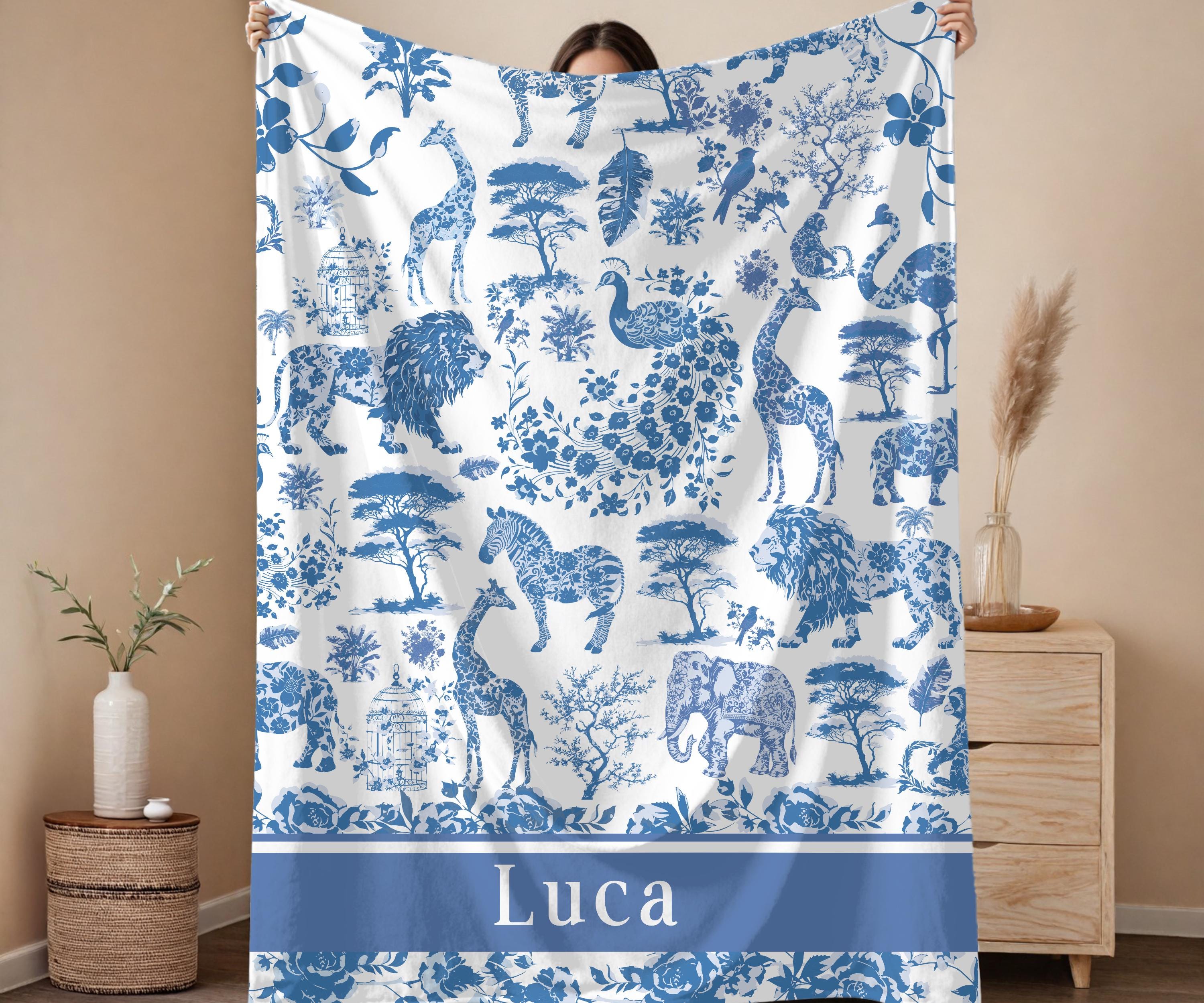 Personalized Pink Toile Baby Boy Blanket Safari Animal Kid Blanket With Name Luxury Baby Shower Gift French Baby Shower Keepsake Gift ideas