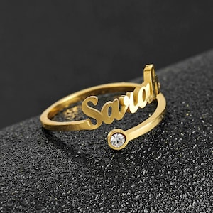 Bijoux personnalisés Bague nom personnalisé avec pierre de naissance, cadeau pour elle, bague prénom faite main avec pierres de naissance, bague prénom gravée